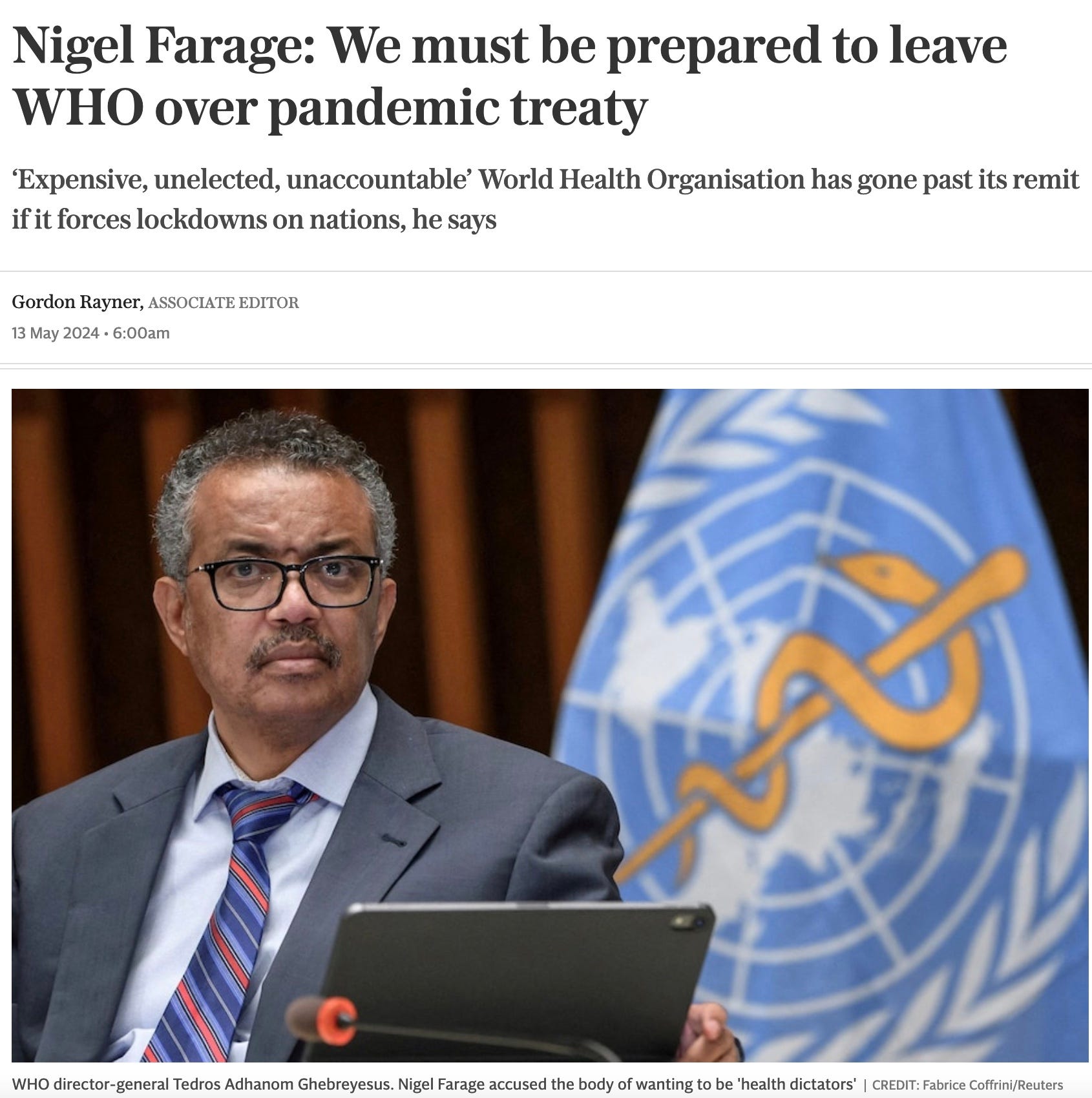 Nigel Farage til The Telegraph: Vi må forberede oss på å forlate WHO som følge av traktaten